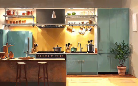 illustration digital painting drawing of modern minimal kitchen room, generative AIの素材