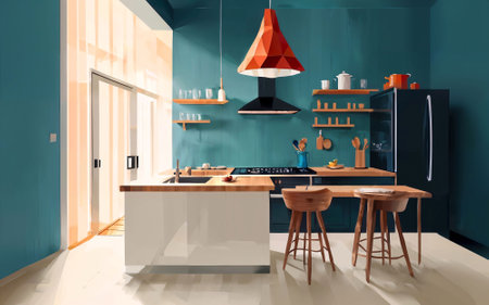 illustration digital painting drawing of modern minimal kitchen room, generative AIの素材