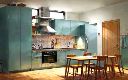 illustration digital painting drawing of modern minimal kitchen room, generative AIの素材