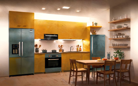 illustration digital painting drawing of modern minimal kitchen room, generative AIの素材
