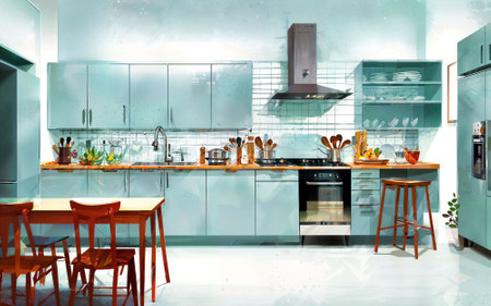 illustration digital painting drawing of modern minimal kitchen room, generative AIの素材