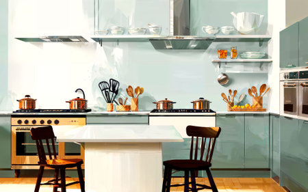 illustration digital painting drawing of modern minimal kitchen room, generative AIの素材