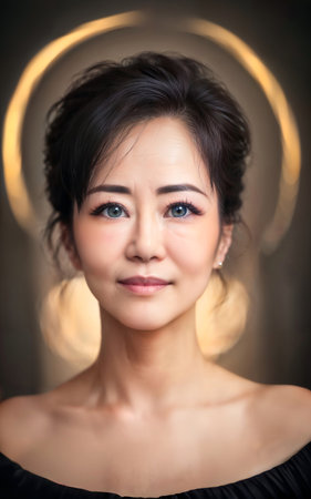 happy pretty middle aged old asian woman at the street, generative AIの素材