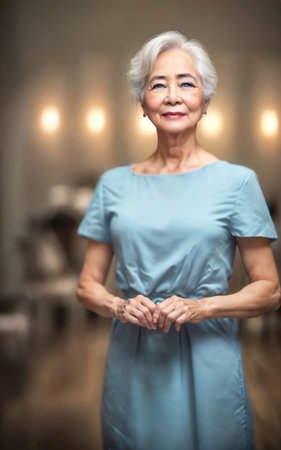 happy pretty middle aged old asian woman at the street, generative AIの素材