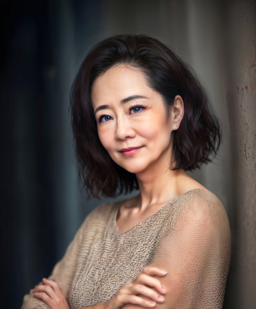 happy pretty middle aged old asian woman at the street, generative AIの素材