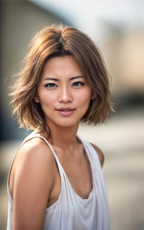 happy pretty middle aged old asian woman at the street, generative AIの素材