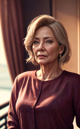 beautiful middle aged old lady woman at house with fresh green plant in background, generative AIの素材