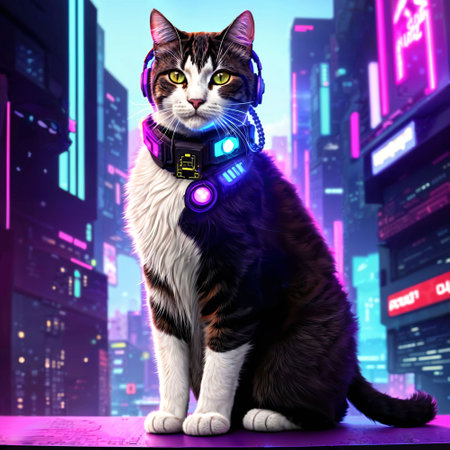 futuristic sci fi of neon cat at night city, generative AIの素材