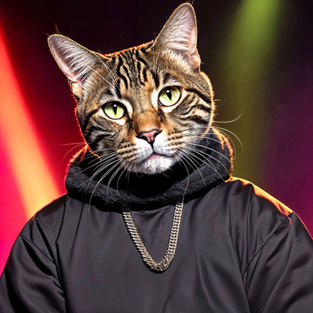 futuristic sci fi of half cat half human at night city, generative AIの素材