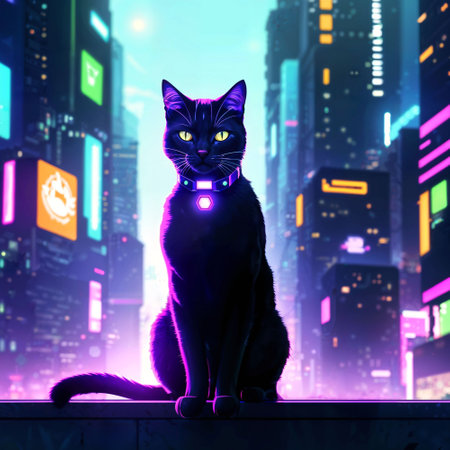 futuristic sci fi of neon cat at night city, generative AIの素材