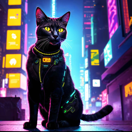 futuristic sci fi of neon cat at night city, generative AIの素材