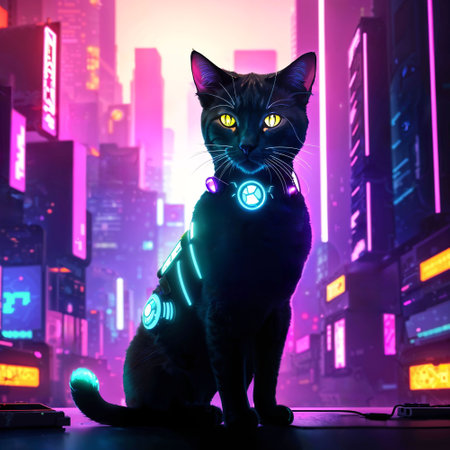 futuristic sci fi of neon cat at night city, generative AIの素材
