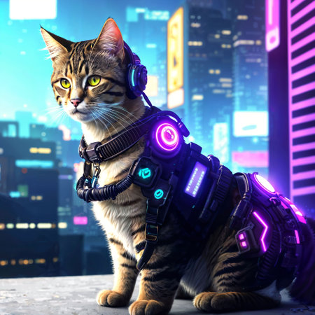 futuristic sci fi of neon cat at night city, generative AIの素材