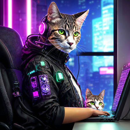 futuristic sci fi of half cat half human at night city, generative AIの素材