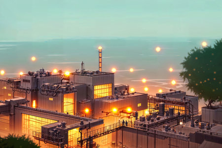 illustration digital painting of mega big factory, generative AIの素材