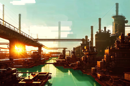 illustration digital painting of mega big factory, generative AIの素材