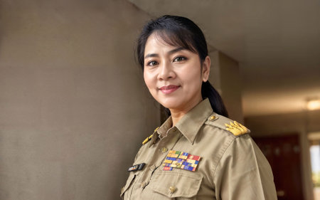 photo of middle aged asian woman in Thai teacher uniform, generative AIの素材