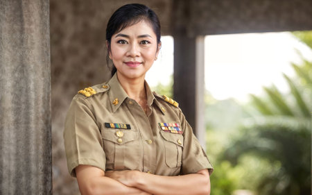 photo of middle aged asian woman in Thai teacher uniform, generative AIの素材