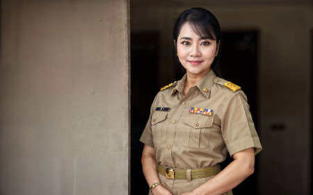 photo of middle aged asian woman in Thai teacher uniform, generative AIの素材