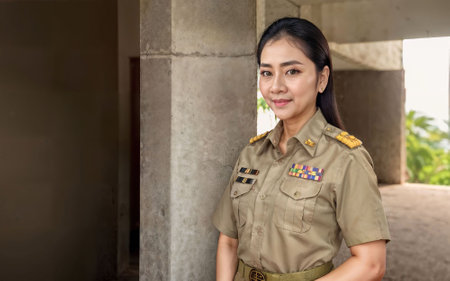 photo of middle aged asian woman in Thai teacher uniform, generative AIの素材