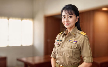 photo of middle aged asian woman in Thai teacher uniform, generative AIの素材