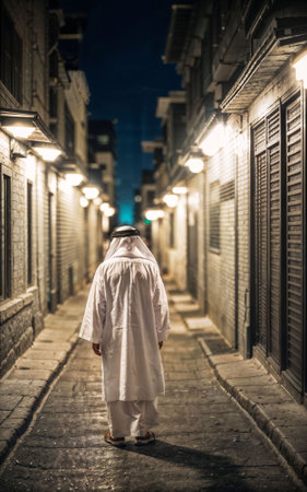 rich arab businessman in Traditional White Outfit in night street background, generative AIの素材