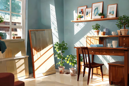 illustration digital painting of living working room at the apartment, generative AIの素材