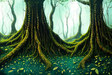 illustration digital painting of deep and dark rain forest, generative AIの素材