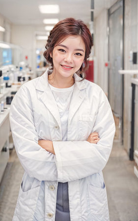 photo of asian woman in white lab coat at modern laboratory, generative AIの素材