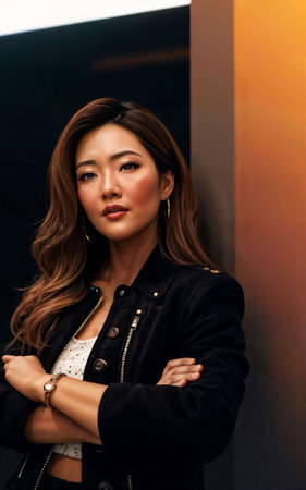 photo of asian woman in jacket outfit with colorful light in background, generative AIの素材