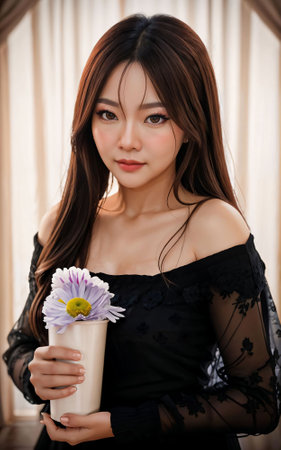 photo portrait of teenage joyful asian woman with black hair , generative AIの素材