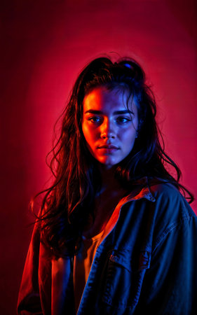 photo of beautiful woman with red and pink lighting and backdrop , generative AIの素材
