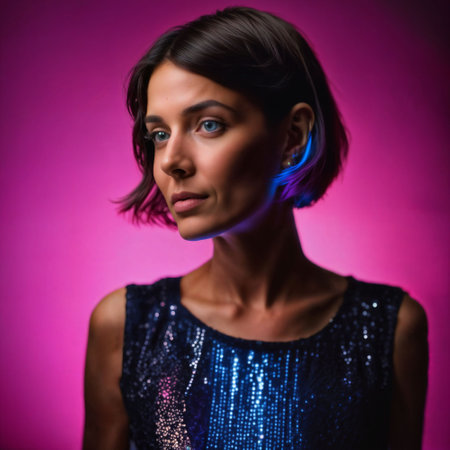 photo of beautiful woman with short hair and mixed pink neon light, generative AIの素材