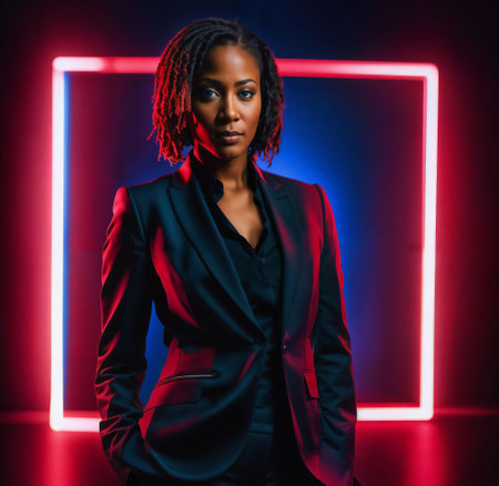 photo of smart african woman with business suit at neon mxied red and blue light sci fi background, generative AIの素材