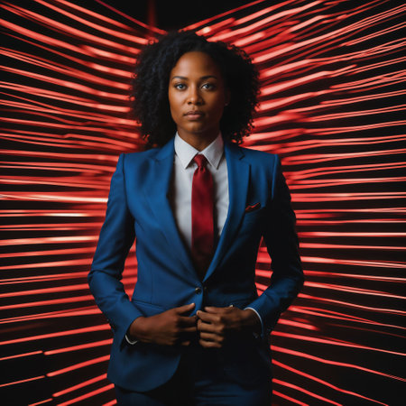 photo of smart african woman with business suit at neon mxied red and blue light sci fi background, generative AIの素材
