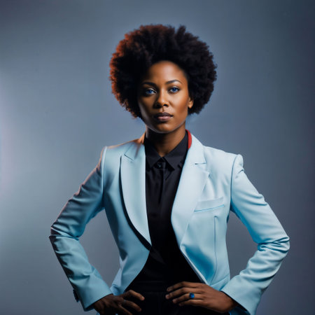 photo of smart african woman with business suit at neon mxied red and blue light sci fi background, generative AIの素材