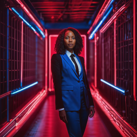 photo of smart african woman with business suit at neon mxied red and blue light sci fi background, generative AIの素材