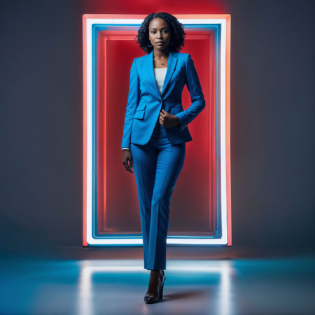 photo of smart african woman with business suit at neon mxied red and blue light sci fi background, generative AIの素材