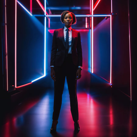 photo of smart african woman with business suit at neon mxied red and blue light sci fi background, generative AIの素材
