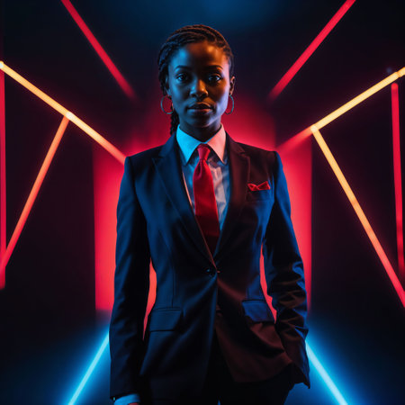 photo of smart african woman with business suit at neon mxied red and blue light sci fi background, generative AIの素材