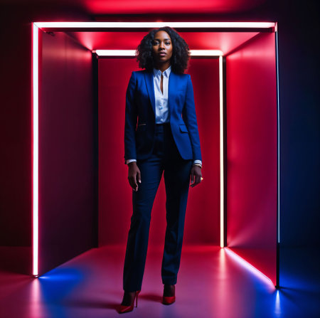photo of smart african woman with business suit at neon mxied red and blue light sci fi background, generative AIの素材