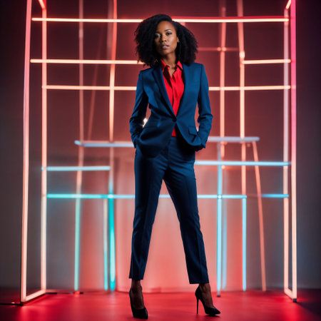 photo of smart african woman with business suit at neon mxied red and blue light sci fi background, generative AIの素材