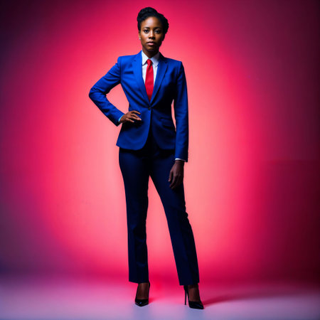 photo of smart african woman with business suit at neon mxied red and blue light sci fi background, generative AIの素材