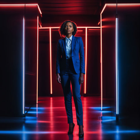 photo of smart african woman with business suit at neon mxied red and blue light sci fi background, generative AIの素材