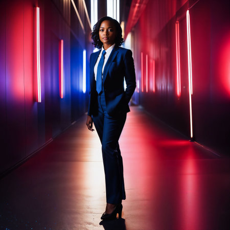 photo of smart african woman with business suit at neon mxied red and blue light sci fi background, generative AIの素材