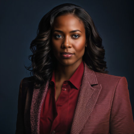 photo of smart african woman with business suit at neon mxied red and blue light sci fi background, generative AIの素材