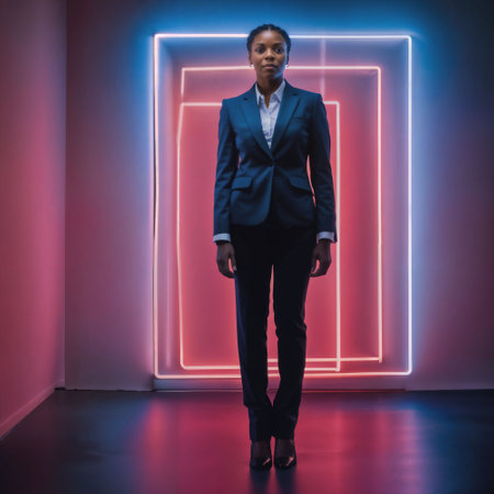 photo of smart african woman with business suit at neon mxied red and blue light sci fi background, generative AIの素材