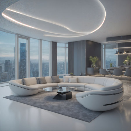 interior of modern futuristic sci fi living room apartment with neon light, generative AIの素材