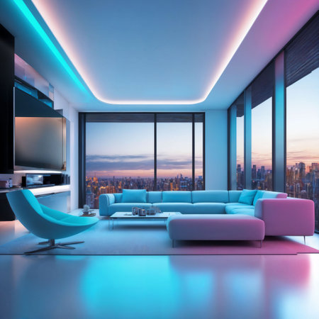 interior of modern futuristic sci fi living room apartment with neon light, generative AIの素材