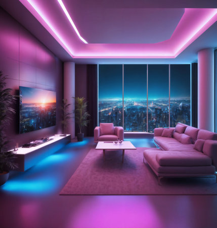 interior of modern futuristic sci fi living room apartment with neon light, generative AIの素材